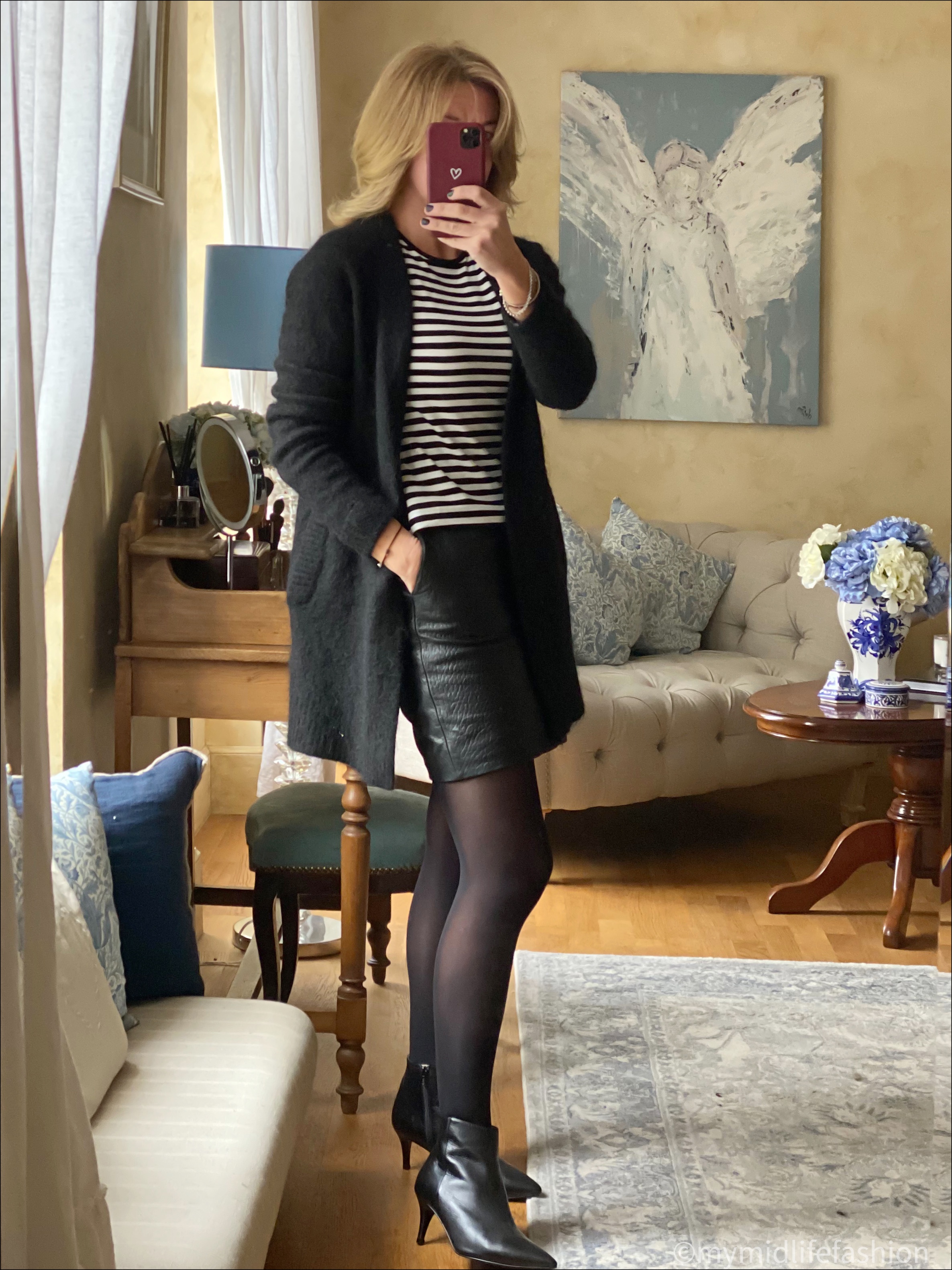 my midlife fashion, baukjen Ayla top, acne studios raya mohair cardigan, marks and Spencer a line faux leather mini skirt, sole bliss kitten heel ankle boots